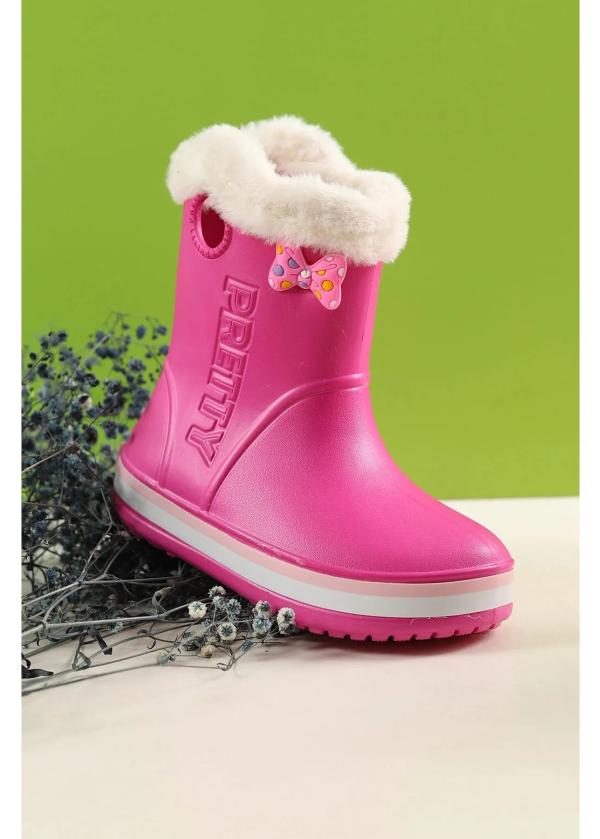 Pembe Su Geçirmez Bilekli Tüylü Stickerlı Çocuk Yağmur Çizmesi
