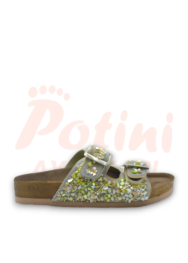 Yeşil Doğal Taşlı Çift Tokalı Deniz Taşlı Kadın Terlik
