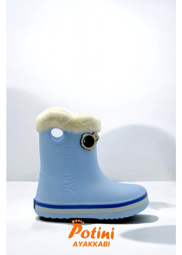 Bebe Mavi Su Geçirmez Bilekli Tüylü Stickerlı Çocuk Yağmur Çizmesi