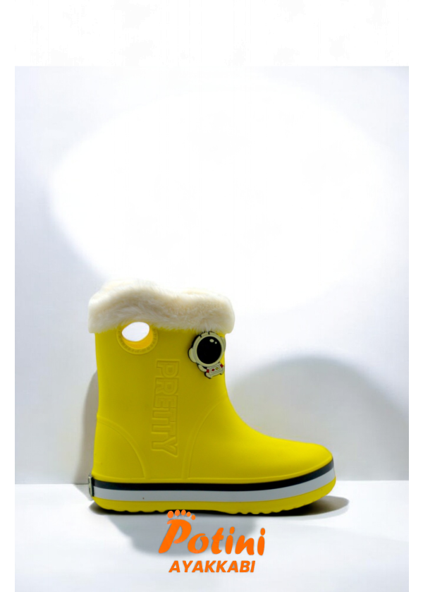 Sarı Su Geçirmez Bilekli Tüylü Stickerlı Çocuk Yağmur Çizmesi