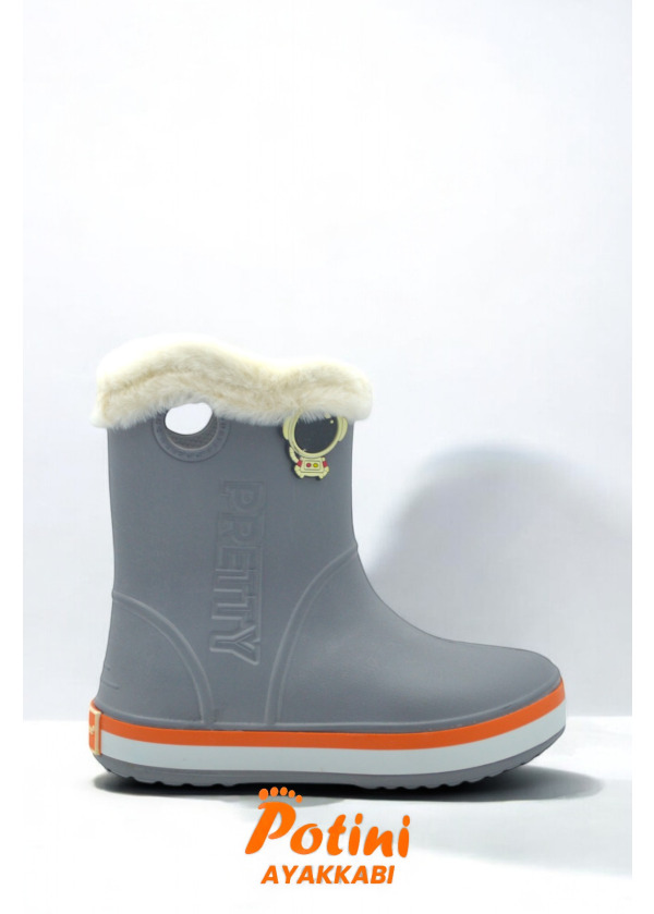 Gri Su Geçirmez Bilekli Tüylü Stickerlı Çocuk Yağmur Çizmesi