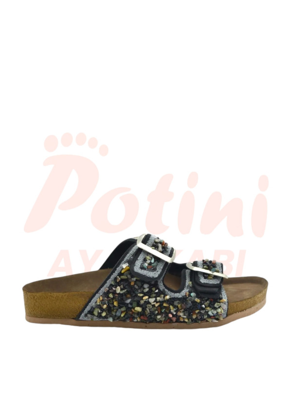 Siyah Doğal Taşlı Çift Tokalı Deniz Taşlı Kadın Terlik